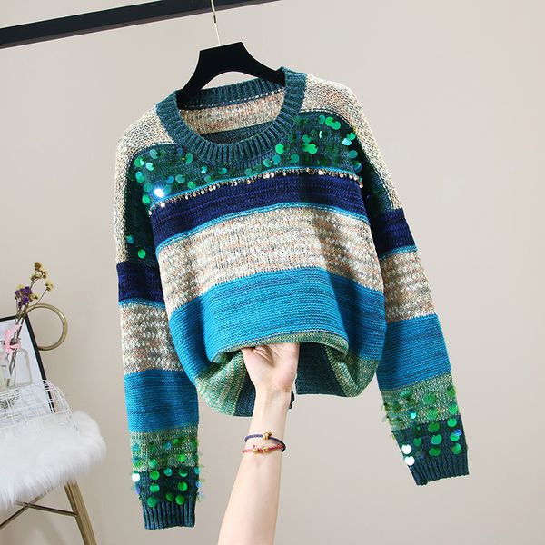 women's korean version of heavy industry striped sequins outer wear sweater, White;black
women's korean version of heavy industry striped sequins outer wear sweater, White;black