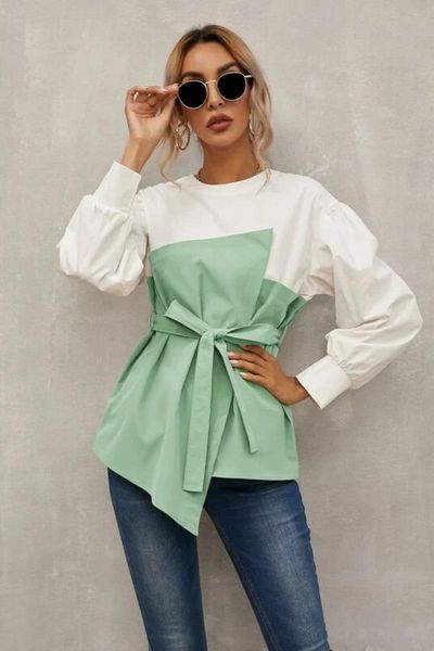 women's blouses & shirts spring and summer round neck solid color stitching loose european american hedging lantern sleeve shirt with b, White
women's blouses & shirts spring and summer round neck solid color stitching loose european american hedging lantern sleeve shirt with b, White