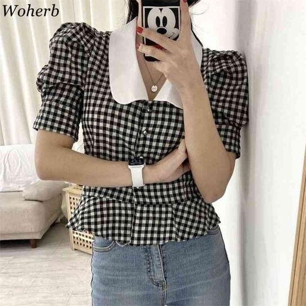 women blouses korean chic summer elegant blusas mujer plaid puff short sleeve shirts peter pan collar slim sweet 210519, White
women blouses korean chic summer elegant blusas mujer plaid puff short sleeve shirts peter pan collar slim sweet 210519, White