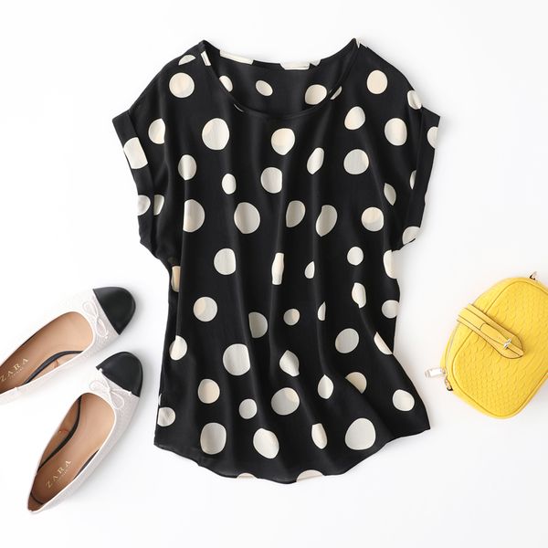 t shirt women's 100% pure silk short sleeve shirt blouse black dots plus size l-3xl jn142, White
t shirt women's 100% pure silk short sleeve shirt blouse black dots plus size l-3xl jn142, White