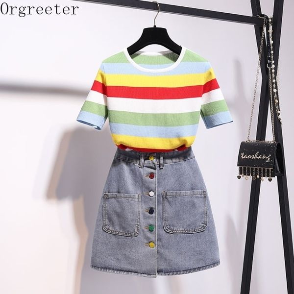 summer women's casual suits outfits female rainbow striped knitted pullover + single-breasted a-line denim skirt sets 210525, White
summer women's casual suits outfits female rainbow striped knitted pullover + single-breasted a-line denim skirt sets 210525, White
