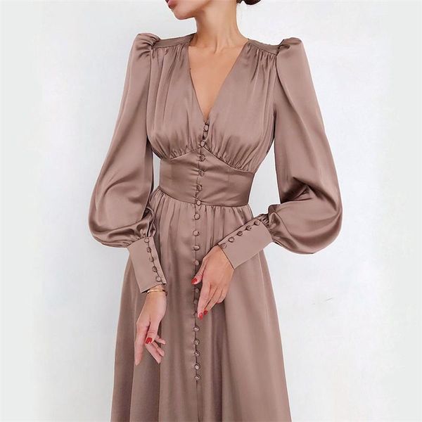 women's dress single breasted high waist satin elegant party long v neck lantern sleeve midi dresses autumn casual, Black;gray
women's dress single breasted high waist satin elegant party long v neck lantern sleeve midi dresses autumn casual, Black;gray