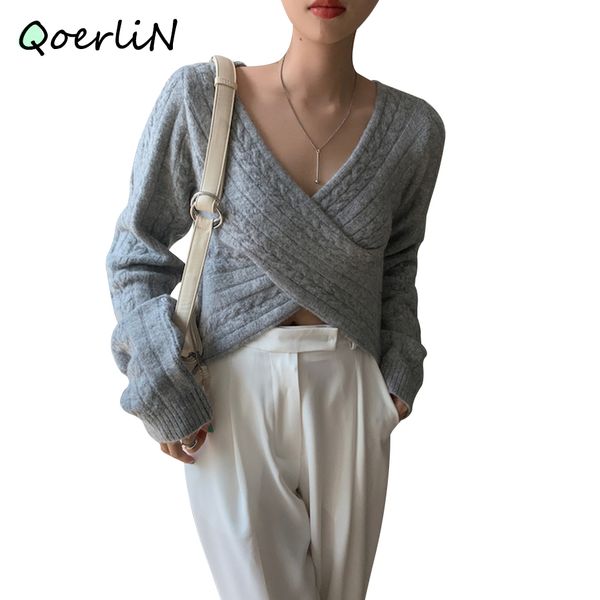 short criss-cross sweater women winter autumn v neck long sleeves knitted sweater solid feminine pullovers gentle women sweater 210416, White;black
short criss-cross sweater women winter autumn v neck long sleeves knitted sweater solid feminine pullovers gentle women sweater 210416, White;black