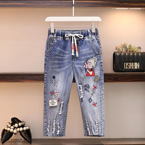 women's jeans korea fashion summner women cartoon embroidery loose denim harem pants elastic waist vintage ripped hole calf-length, Blue
women's jeans korea fashion summner women cartoon embroidery loose denim harem pants elastic waist vintage ripped hole calf-length, Blue