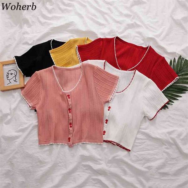 women knitted t shirts cute crop female buttoned up v neck solid shirt short sleeve single-breasted pleated tees 210519, White
women knitted t shirts cute crop female buttoned up v neck solid shirt short sleeve single-breasted pleated tees 210519, White