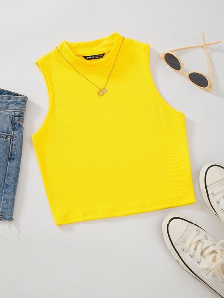 mock neck rib-knit tank 85ct#, White