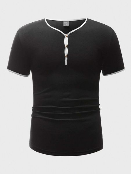 men button front contrast binding tee o5n8#, White;black