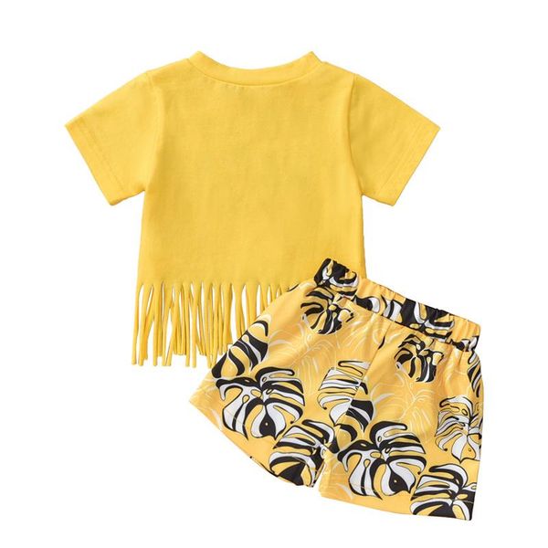 girl\u2021s t-shirt and shorts set fashion letter tassel short sleeve o-neck leaves printed pants for summer clothing sets, White
girl\u2021s t-shirt and shorts set fashion letter tassel short sleeve o-neck leaves printed pants for summer clothing sets, White