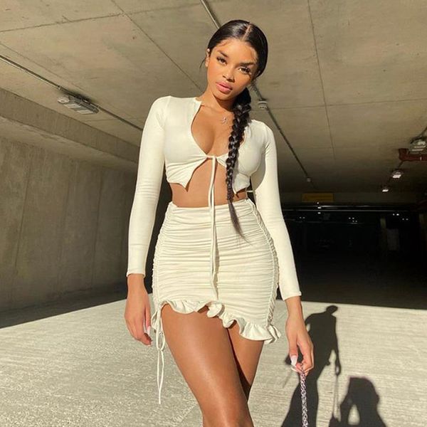 ruffles ruched drawstring club women matching sets long sleeve party skinny v neck and skirts 2 piece outfits, White
ruffles ruched drawstring club women matching sets long sleeve party skinny v neck and skirts 2 piece outfits, White