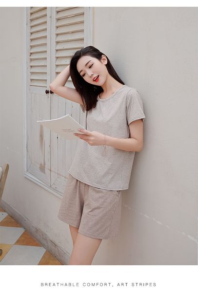 women's sleepwear outer wear ladies cotton pajamas set short sleeve shorts suit home clothes summer casual stripe sleepwear women pyjam, Black;red
women's sleepwear outer wear ladies cotton pajamas set short sleeve shorts suit home clothes summer casual stripe sleepwear women pyjam, Black;red