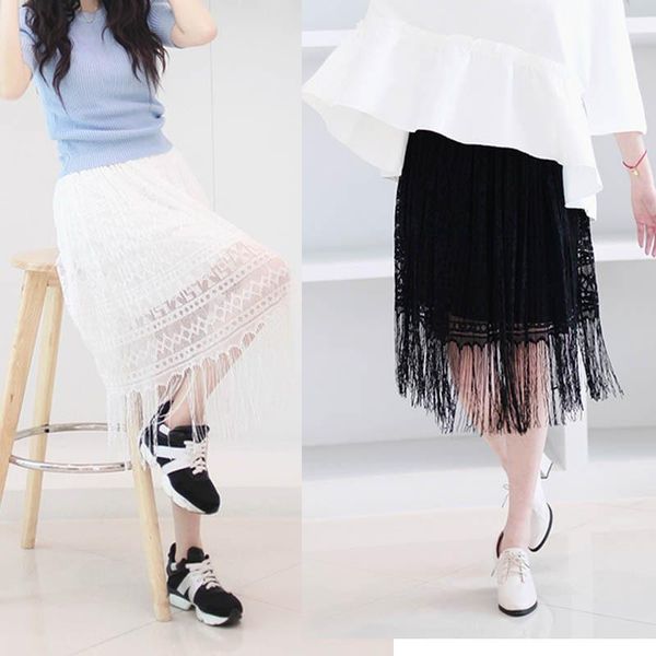 skirts women lace hollow out tassel summer skirt high waist solid color loose casual ladies jupe, Black