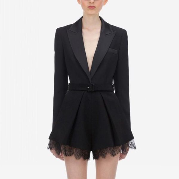 women's jumpsuits & rompers women blazer playsuit long sleeve spring autumn lace decoration high waist belted tunic, Black;white