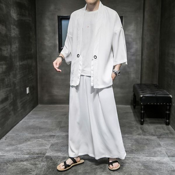 men's tracksuits spring summer three quarter sleeve cardigan coat long loose trousers 2pcs set chinese style, Gray 
men's tracksuits spring summer three quarter sleeve cardigan coat long loose trousers 2pcs set chinese style, Gray