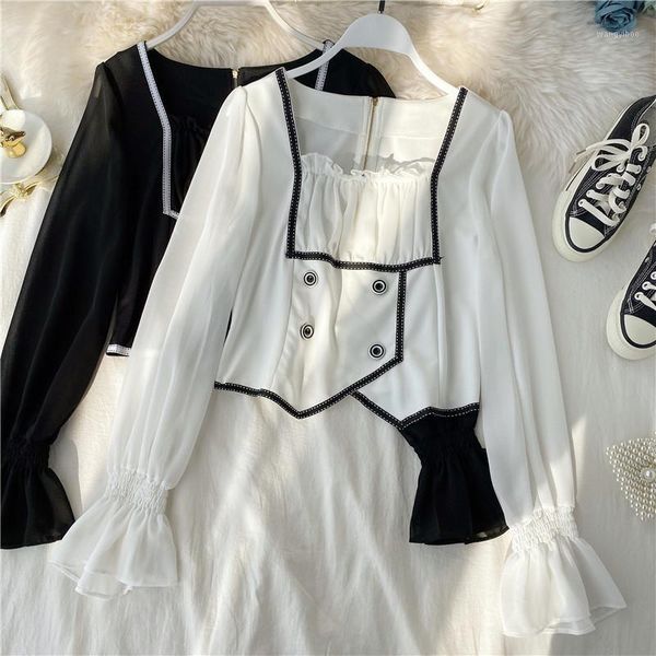 women's blouses & shirts blouse contrast patchwork flare sleeve square collar shirt spring autumn korean irregular design ml737, White
women's blouses & shirts blouse contrast patchwork flare sleeve square collar shirt spring autumn korean irregular design ml737, White