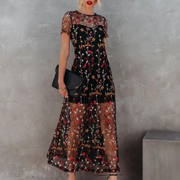 party dresses summer embroidery floral print long dress women spring o neck see through mesh maxi short sleeve office, White;black
party dresses summer embroidery floral print long dress women spring o neck see through mesh maxi short sleeve office, White;black