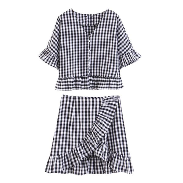 black plaid v neck half sleeve flare pullover single-breasted mini ruffle skirt two piece set t0075 summer 210514, White
black plaid v neck half sleeve flare pullover single-breasted mini ruffle skirt two piece set t0075 summer 210514, White