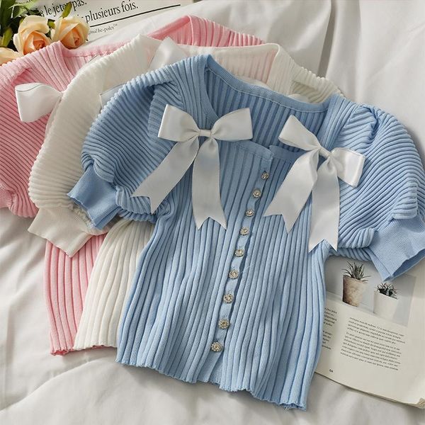 women's knits & tees spring and summer 2021 slim single breasted vertical stripe knitted sweater bow bubble sleeve top, White
women's knits & tees spring and summer 2021 slim single breasted vertical stripe knitted sweater bow bubble sleeve top, White