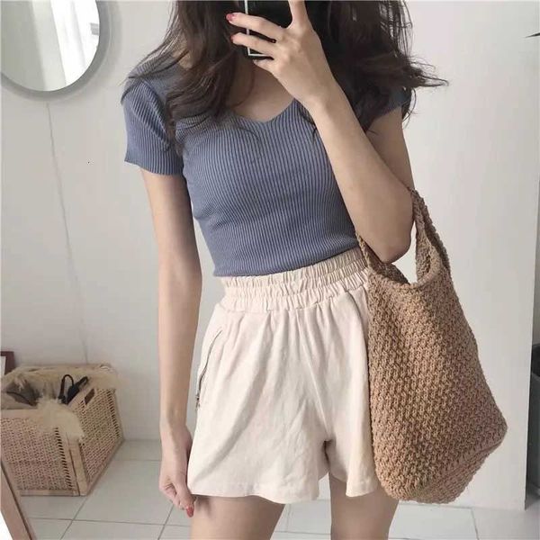 women's t-shirt summer casual solid knitted short sleeve t-shirt women korean ulzzang v-neck elastic t vogue vintage female t, White
women's t-shirt summer casual solid knitted short sleeve t-shirt women korean ulzzang v-neck elastic t vogue vintage female t, White