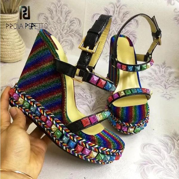 rivet wedge sandals summer leather mixed color fashion show platform personality super high heel women dress shoes, Black 
rivet wedge sandals summer leather mixed color fashion show platform personality super high heel women dress shoes, Black