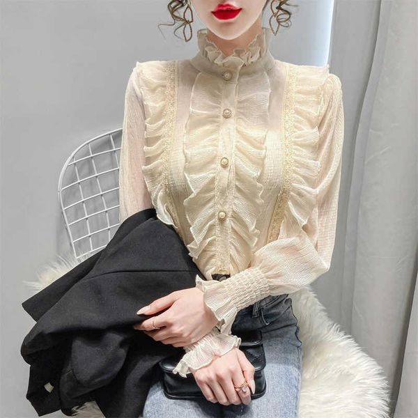 women's blouses & shirts ruffle chiffon shirt spring 2021 french court style ear edge stand collar long sleeve, White
women's blouses & shirts ruffle chiffon shirt spring 2021 french court style ear edge stand collar long sleeve, White