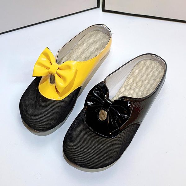 slippers women 2021 summer shoes for soft bow fashion mullers, Black