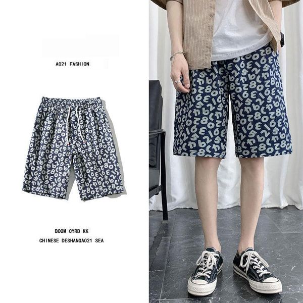 summer korean couple harajuku loose casual printed washed denim men's plus size street five-point pants shorts, White;black 
summer korean couple harajuku loose casual printed washed denim men's plus size street five-point pants shorts, White;black