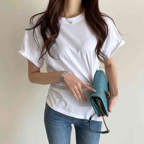 women's t-shirt korean summer niche simple round neck side folds feeling waist thin solid color short-sleeved t-shirt women xo, White
women's t-shirt korean summer niche simple round neck side folds feeling waist thin solid color short-sleeved t-shirt women xo, White