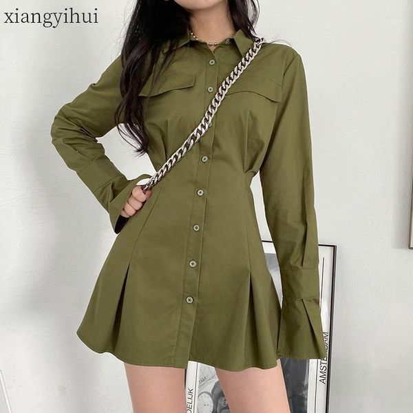 army green shirt dress casual flare sleeve turn-down collar pleated women fashion vintage high waist slim short dresses, Black;gray
army green shirt dress casual flare sleeve turn-down collar pleated women fashion vintage high waist slim short dresses, Black;gray