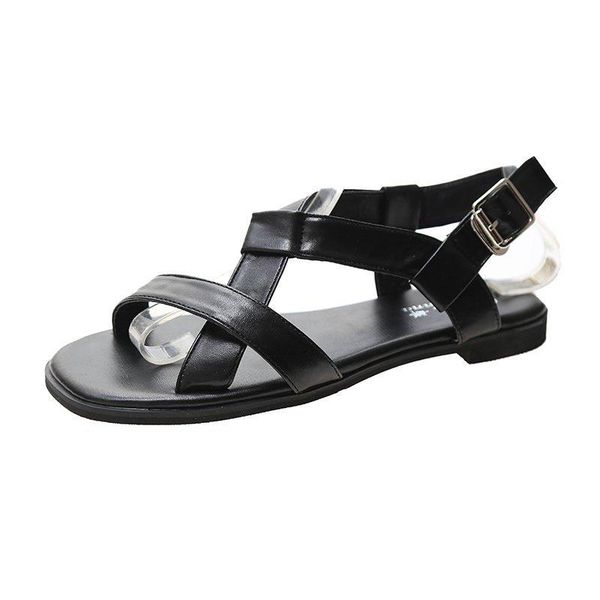 summer selling women pu sandals casual buckle square heel strap shoes, Black