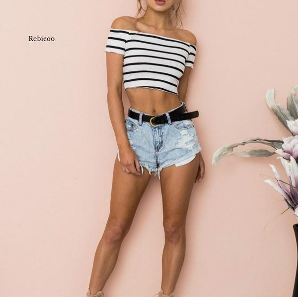 summer women's off-shoulder short-sleeved tube retro horizontal striped printed rib knit t-shirt, White
summer women's off-shoulder short-sleeved tube retro horizontal striped printed rib knit t-shirt, White
