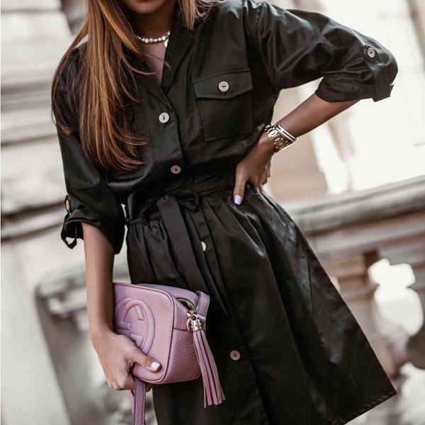 new fashion pu dress for women solid turn-down collar three quarter sleeve sashes pockets mini dress elegant vintage party dress 210412, Black;gray
new fashion pu dress for women solid turn-down collar three quarter sleeve sashes pockets mini dress elegant vintage party dress 210412, Black;gray