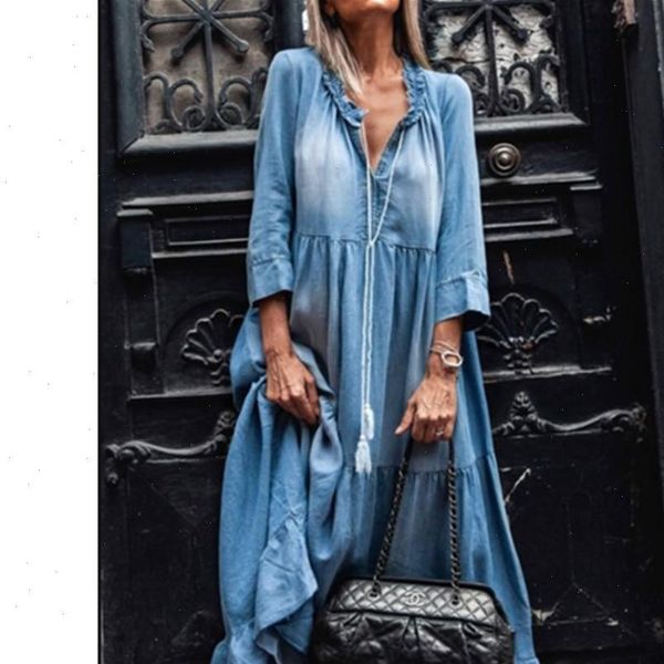 denim dress loose cowboy women sleepwear three quarter sleeve long dresses robe ruffle v neck elegant party maxi vestidos, Black;red
denim dress loose cowboy women sleepwear three quarter sleeve long dresses robe ruffle v neck elegant party maxi vestidos, Black;red