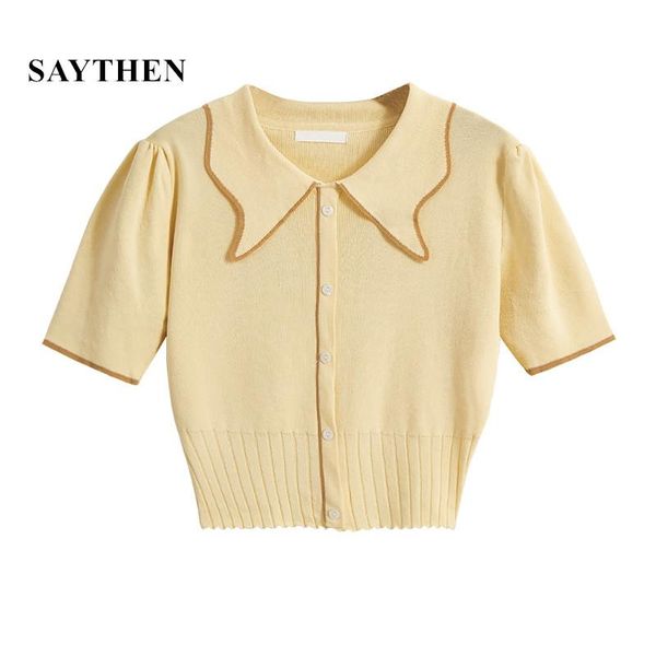 women's t-shirt saytheen 2021 summer style contrast lapel single-breasted high waist short puff sleeve college wind ice silk top, White
women's t-shirt saytheen 2021 summer style contrast lapel single-breasted high waist short puff sleeve college wind ice silk top, White