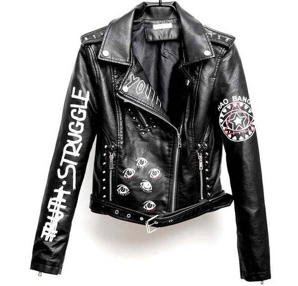 women's leather & faux printed letters rivet jacket women punk moto black slim cool lady pu jackets femme outwear coat
women's leather & faux printed letters rivet jacket women punk moto black slim cool lady pu jackets femme outwear coat