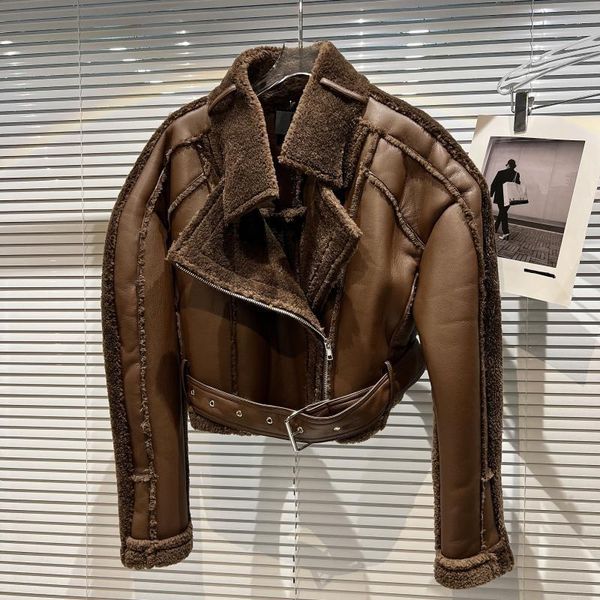 women's leather & faux prepomp 2021 winter arrival long sleeve turn down collar lambswool pu patchwork brown jacket belt women gd007, Black
women's leather & faux prepomp 2021 winter arrival long sleeve turn down collar lambswool pu patchwork brown jacket belt women gd007, Black