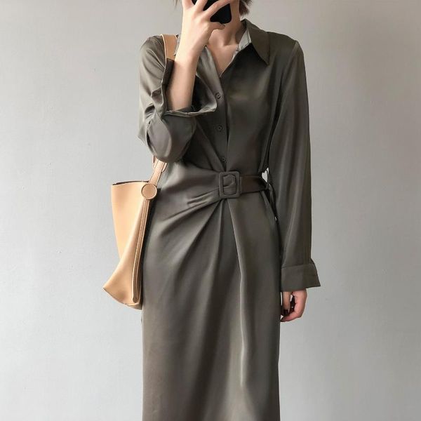 casual dresses 2021 spring high end satin belt olive green dress women's design temperament long elegant black office lady, Black;gray
casual dresses 2021 spring high end satin belt olive green dress women's design temperament long elegant black office lady, Black;gray