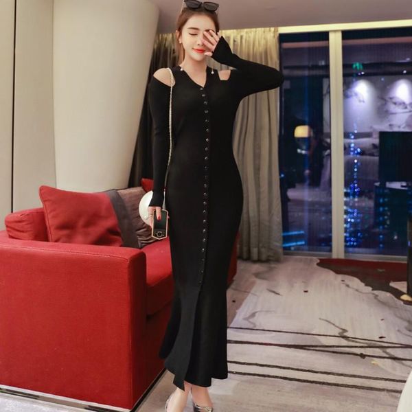 casual dresses runway fall winter korean elegant women's fishtail sweater single-breasted bodycon off shoulder knitted vestido, Black;gray
casual dresses runway fall winter korean elegant women's fishtail sweater single-breasted bodycon off shoulder knitted vestido, Black;gray