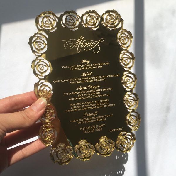 greeting cards 50pieces per lot 5x7inch hollow rose flower golden mirror/silver mirror acrylic wedding menu with engraved letters
greeting cards 50pieces per lot 5x7inch hollow rose flower golden mirror/silver mirror acrylic wedding menu with engraved letters