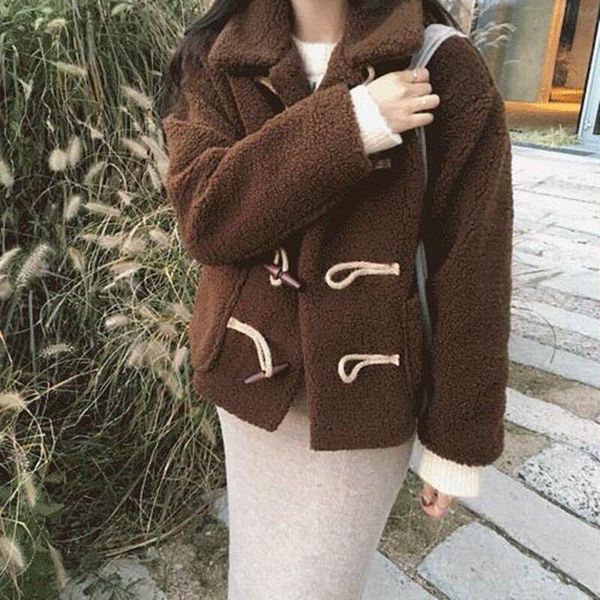 women's jackets fall winter lamb wool coat with horn buttons fashion korean turn down collar button up short female warm fur jacket out, Black;brown
women's jackets fall winter lamb wool coat with horn buttons fashion korean turn down collar button up short female warm fur jacket out, Black;brown