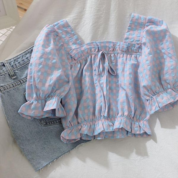 summer harajuku plaid crop women shirts vintage puff sleeve ruffle femme fashion, White
summer harajuku plaid crop women shirts vintage puff sleeve ruffle femme fashion, White