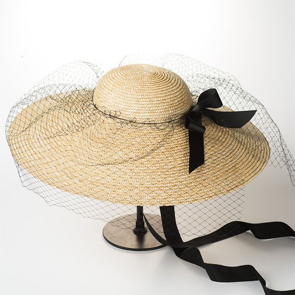 fashion big hat spring and summer mesh bow with light crown large brim, Blue;gray
