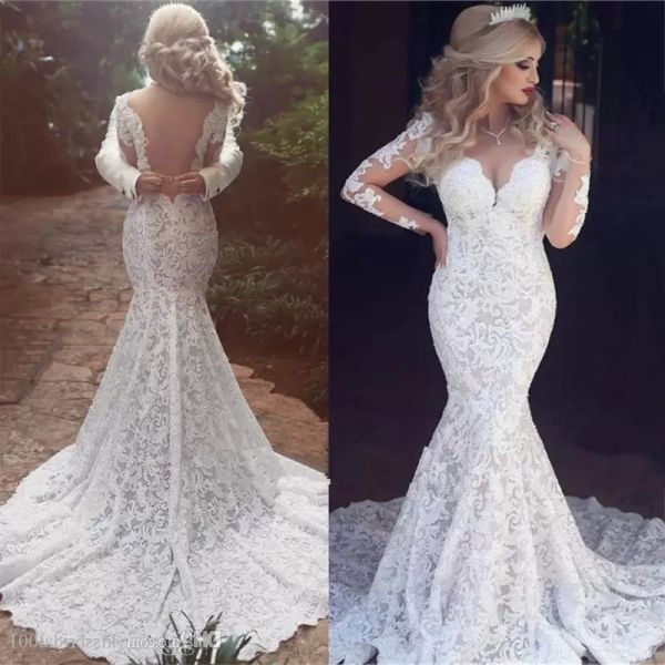 full lace mermaid wedding dresses bridal gown with long sleeves sweep train tulle v neck illusion back custom made plus size garden vestido, White
full lace mermaid wedding dresses bridal gown with long sleeves sweep train tulle v neck illusion back custom made plus size garden vestido, White