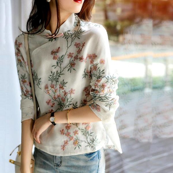 women's blouses & shirts women spring long sleeve vintage floral embroidery blouse blusas feminina casual elegant cotton linen ns518, White
women's blouses & shirts women spring long sleeve vintage floral embroidery blouse blusas feminina casual elegant cotton linen ns518, White