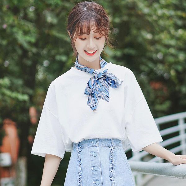 women's t-shirt chic khaki 2021 bow solid color short sleeve loose striped scarf tie half summer, White
women's t-shirt chic khaki 2021 bow solid color short sleeve loose striped scarf tie half summer, White