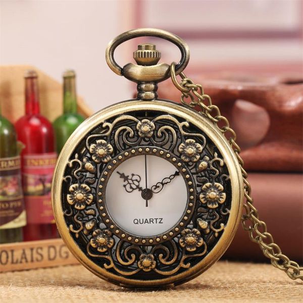 pocket watches elegant vintage hollow flower pattern quartz necklace watch men women white dial bronze chain clock half pendant, Slivery;golden 
pocket watches elegant vintage hollow flower pattern quartz necklace watch men women white dial bronze chain clock half pendant, Slivery;golden