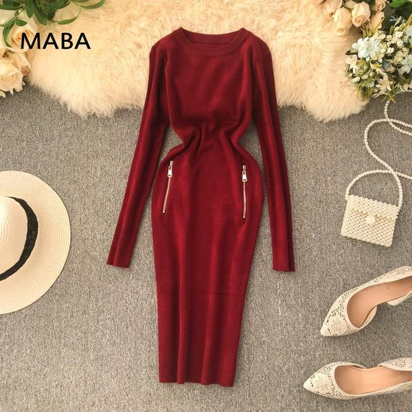 casual dresses 2021 autumn women knitted mini dress o-neck long sleeve zipper elastic bodycon sweater simple bottoming pullover, Black;gray
