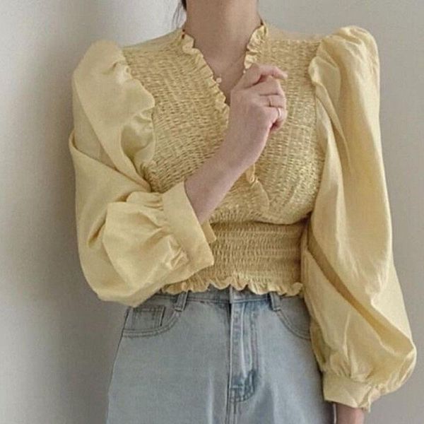 women's blouses & shirts korean chic french court style vintage blouse women v-neck puff sleeve wood ear edge sweet slim waist folds bl, White
women's blouses & shirts korean chic french court style vintage blouse women v-neck puff sleeve wood ear edge sweet slim waist folds bl, White