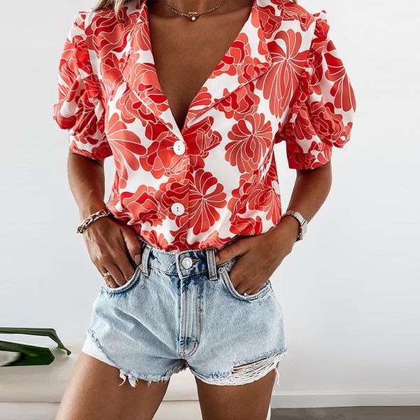 women's blouses & shirts ladies fashion flower printed v neck single breasted summer short sleeve female streetwear mujer blusa, White 
women's blouses & shirts ladies fashion flower printed v neck single breasted summer short sleeve female streetwear mujer blusa, White