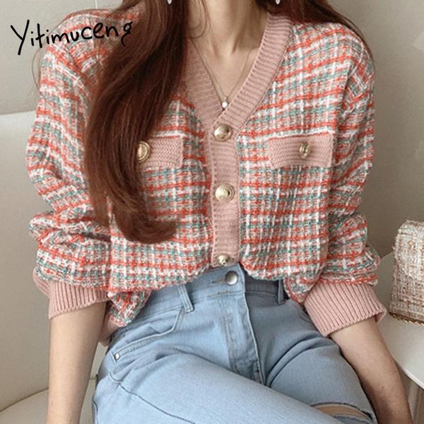 women's knits & tees yitimuceng vintage cropped knited women sweaters plaid button up 2021 spring autumn korean fashion pink purple ele, White
women's knits & tees yitimuceng vintage cropped knited women sweaters plaid button up 2021 spring autumn korean fashion pink purple ele, White