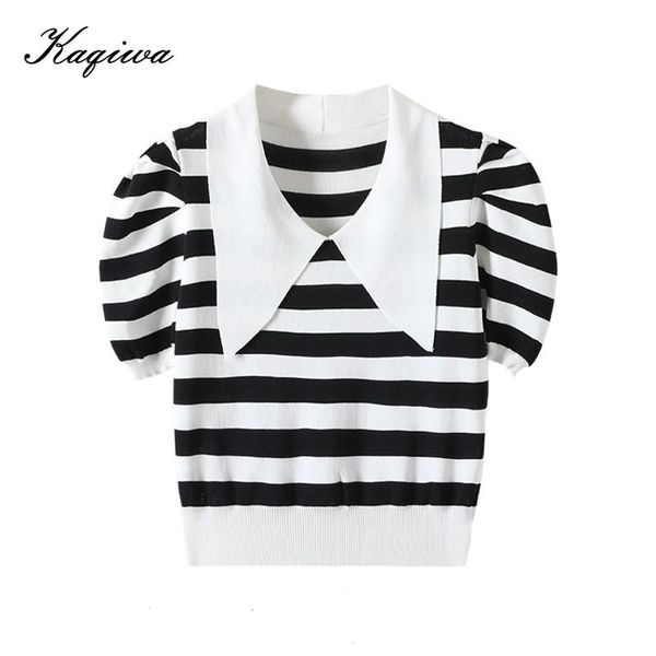 women's t-shirt turn-down collar puff sleeve tees casual knit stripes korean 2021 summer vintage women slim t-shirts d-041, White
women's t-shirt turn-down collar puff sleeve tees casual knit stripes korean 2021 summer vintage women slim t-shirts d-041, White